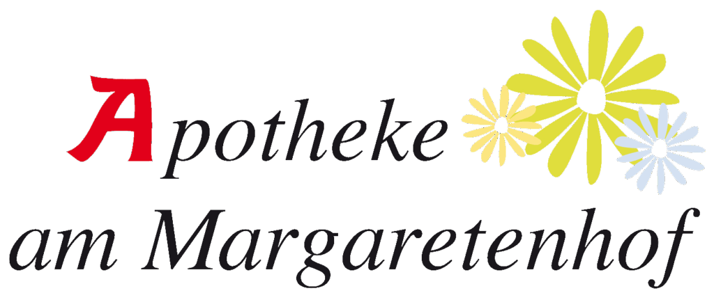 Logo der Apotheke am Margaretenhof. Serife schwarze Schrift, dass A von Apotheke is rot und fetter. Rechts neben Apotheke sind 3 Blumen in verschiedenen Farben