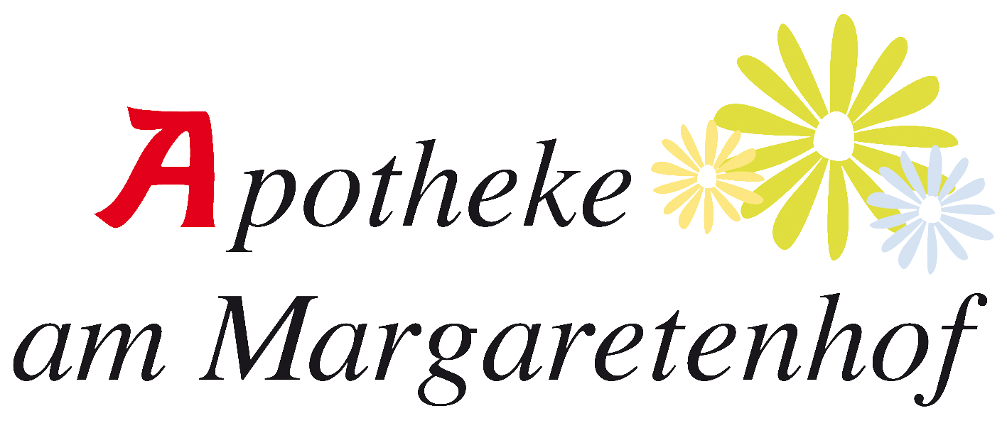 Logo der Apotheke am Margaretenhof. Serife schwarze Schrift, dass A von Apotheke is rot und fetter. Rechts neben Apotheke sind 3 Blumen in verschiedenen Farben