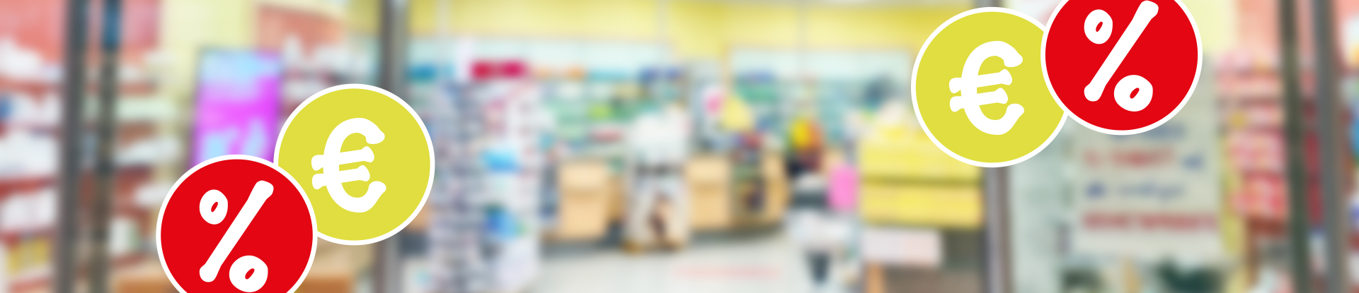 Auf einer verschwommenen Ansicht einer Apotheke sind 4 Kreise aufgesetzt. Zwei grüne mit €-Zeichen, 2 rote mit %-Zeichen